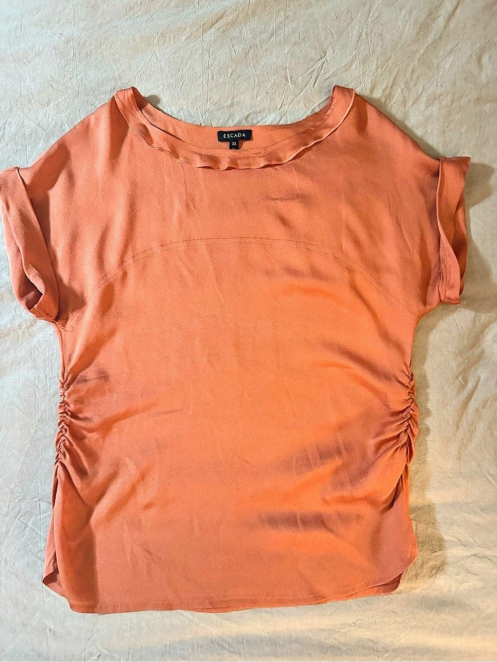 Escada Ruched Short Sleeve Blouse in Orange Size 34